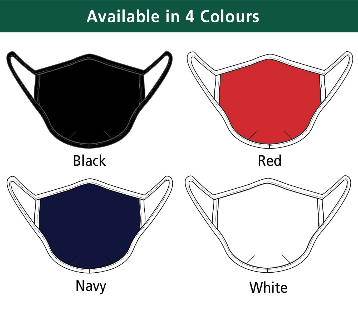 four face masks, black, red, navy and white